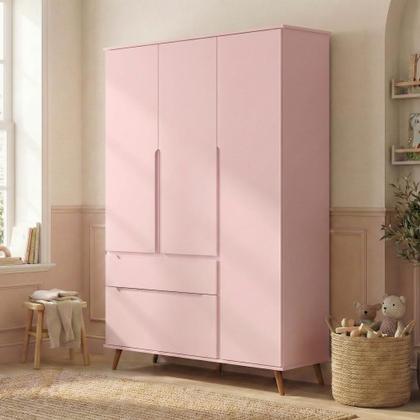 Imagem de Quarto Infantil Guarda-Roupa 3 Portas e Cômoda 3 Gavetas Retrô 100% MDF Melinda Rosê