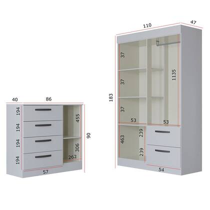Imagem de Quarto Infantil Guarda Roupa 4 Portas 2 Gavetas e Cômoda 4 Gavetas 1 Porta Loly Poquema