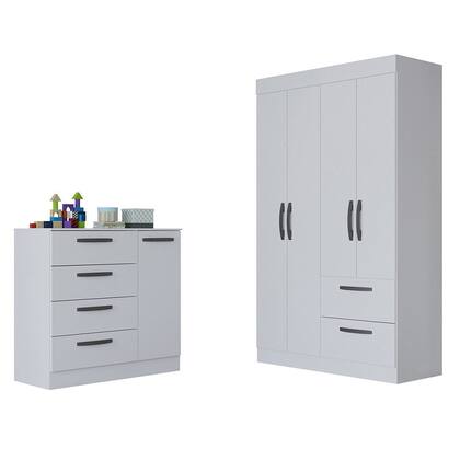 Imagem de Quarto Infantil Guarda Roupa 4 Portas 2 Gavetas e Cômoda 4 Gavetas 1 Porta Loly Poquema