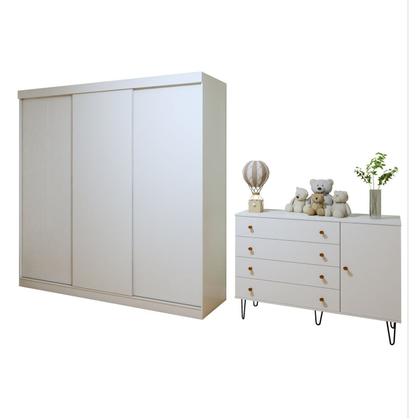Imagem de Quarto Infantil Guarda Roupa Premium Thalia 205,9cm 3 Portas e Cômoda 129,5cm 1 Porta 4 Gavetas Minastex