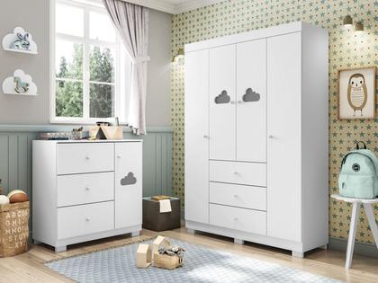 Imagem de Quarto Infantil Nuvem Branco Phoenix Baby: Conjunto Guarda Roupa e Cômoda 100% MDF