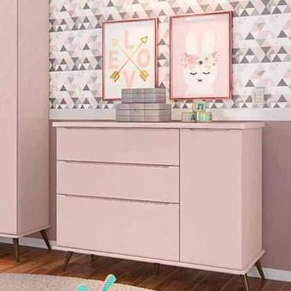 Imagem de Quarto Infantil Retro com Guarda Roupa 3 Portas e Comoda 1 Porta e 3 Gavetas Rose - Phoenix Baby