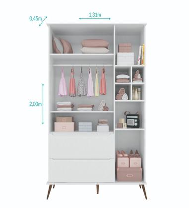 Imagem de Quarto Infantil Retro Melinda com Guarda Roupa, Cômoda e Berço Mini Cama Branco 100% MDF