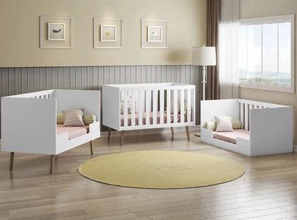 Imagem de Quarto Infantil Retro Melinda com Guarda Roupa, Cômoda e Berço Mini Cama Branco 100% MDF