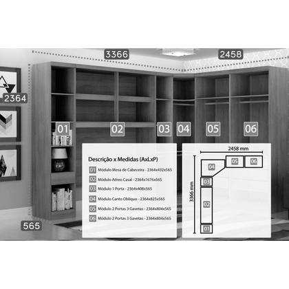 Imagem de Quarto Modulado Bari Rizon/Linea 6 Peças (1 Aéreo + 3 Guarda Roupas + 1 Closet Canto Obliquo + 1 Complemento) QCM109 Branco - Novo Horizonte