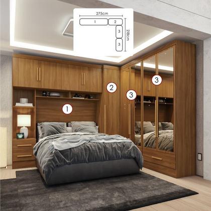 Imagem de Quarto Modulado Casal Completo 4 Peças 5 Portas 4 Gavetas com Maleiro e Espelhos Smart Plus