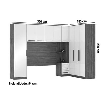 Imagem de Quarto Modulado Casal Irlanda 6 Peças (3 Armários + 1 Ponte Aérea + 2 Complementos) QCM160 Amendola/Branco - Demóbile