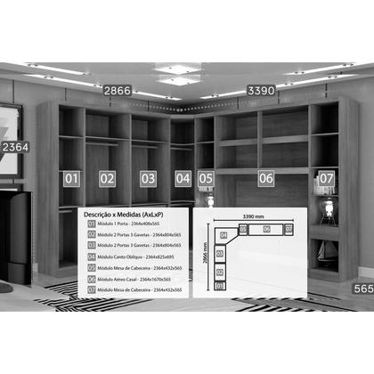 Imagem de Quarto Modulado Casal Rizon/Linea 7 Peças ( 1 Aéreo + 3 Guarda Roupas + 1 Closet Obliquo + 2 Complementos) QCM106 Cumaru/Fendi - Novo Horizonte