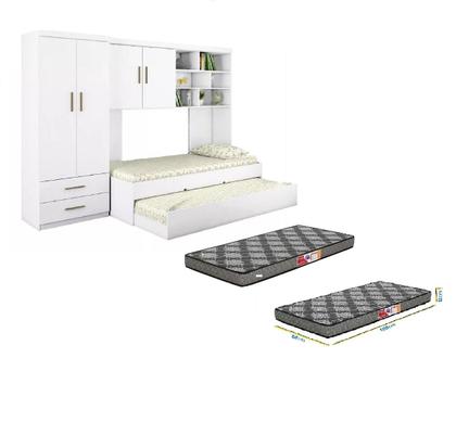 Imagem de Quarto Modulado Juvenil Completo com Guarda Roupa, Cama de Solteiro e Cama Auxiliar e os Colchões