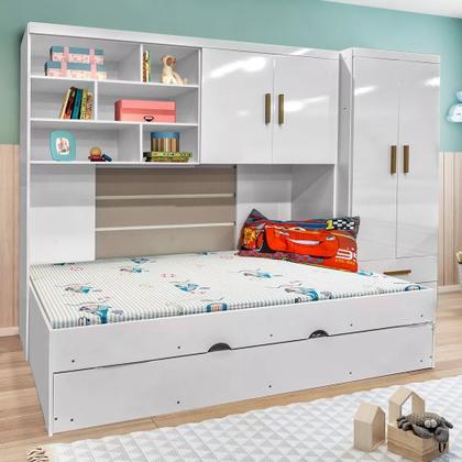 Imagem de Quarto Modulado Juvenil Completo com Guarda Roupa, Cama de Solteiro e Cama Auxiliar e os Colchões