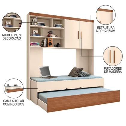 Imagem de Quarto Modulado Juvenil Completo com Guarda Roupa, Cama de Solteiro e Colchões cama Auxiliar