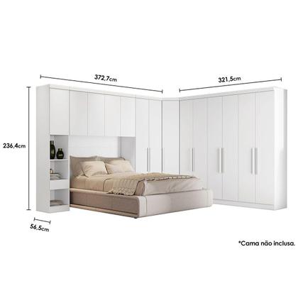 Imagem de Quarto Modulado Rizon 5 Peças (1 Armário Ponte + 1 Closet + 2 Guarda Roupas + 1 Complemento) QC204 Neve - Novo Horizonte