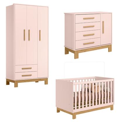 Imagem de Quarto para Bebê Completo 3 Peças Guarda-Roupa, Cômoda e Berço Encanto Slim Rosa/Acetinado