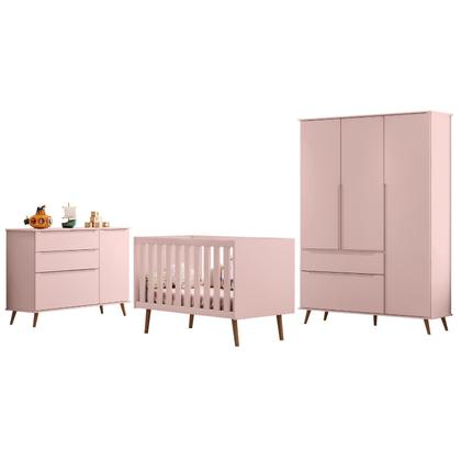 Imagem de Quarto Para Bebê Completo Melinda Rosê com Roupeiro, Cômoda e Berço