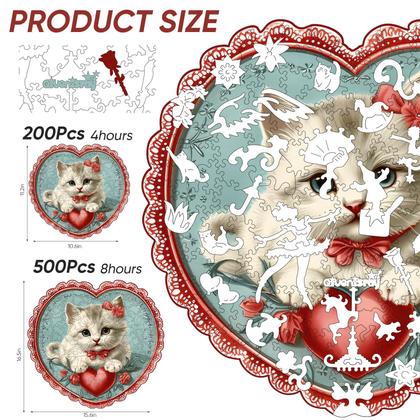 Imagem de Quebra-cabeça de madeira Qiuenisray 3D Vision Effect Heart Cat 200 unidades