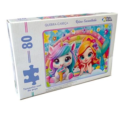 Imagem de Quebra Cabeça Infantil +4 Anos Reino Encantado 80 Peças Unicórnio Sereia Pais e Filhos - Pais & Filh