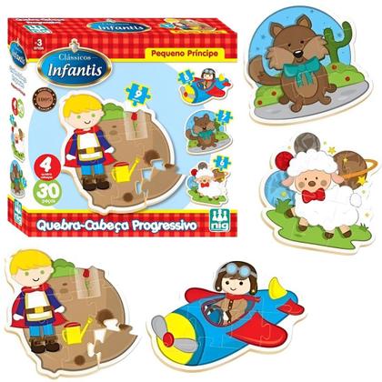 Imagem de Quebra Cabeça Infantil Pedagógico Madeira 4 jogos 30 peças Pequeno Principe Brinquedo Nig 4 anos+