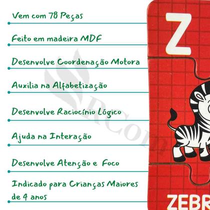 Imagem de Quebra Cabeça Letras Do A Ao Z - Brincadeira de Criança 78 Peças em Madeira Jogo Didático Pedagógico Escolar