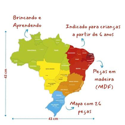 Imagem de Quebra Cabeça Mapa Do Brasil, Junges, Estados e Capitais, 26 Peças Em Madeira, Educativo Escolar