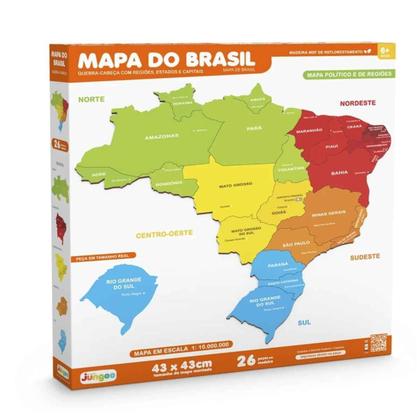 Imagem de Quebra Cabeça Mapa Do Brasil, Junges, Estados e Capitais, 26 Peças Em Madeira, Educativo Escolar