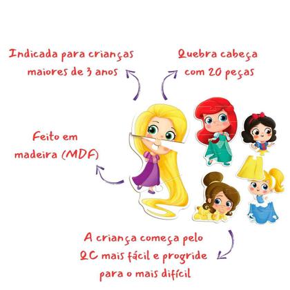 Imagem de Quebra Cabeça Progressivo Princesas 20 Peças Gigantes Em Madeira Brincadeira de Criança +3 Anos