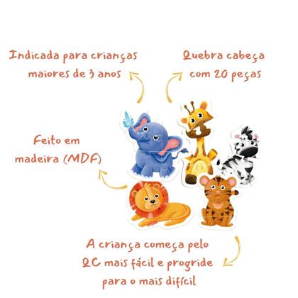 Imagem de Quebra Cabeça Progressivo Safari 20 Peças Gigantes Em Madeira Brincadeira de Criança +3 Anos