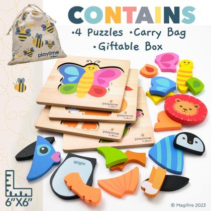 Imagem de Quebra-cabeças de madeira MAGIFIRE para crianças de 1 a 3 anos - pacote com 4 animais