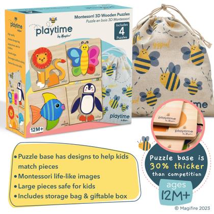 Imagem de Quebra-cabeças de madeira MAGIFIRE para crianças de 1 a 3 anos - pacote com 4 animais