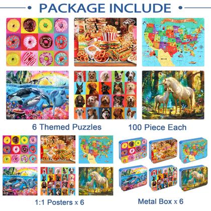 Imagem de Quebra-cabeças LELEMON para crianças de 4 a 6 anos, pacote com 6, 100 peças com caixa