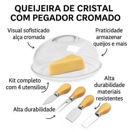Imagem de Queijeira Cristal com Pegador Cromado e Utensilios para Queijo