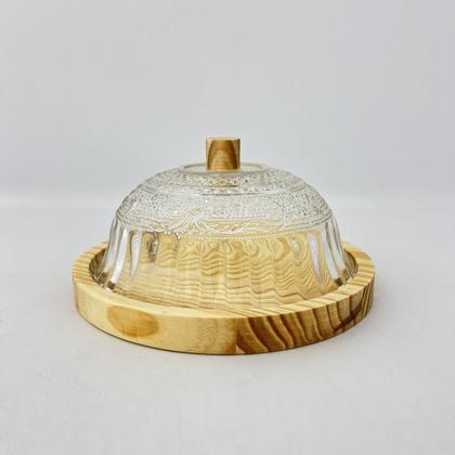 Imagem de Queijeira Rústica Artesanal Madeira e Vidro Boho Chic 18cm