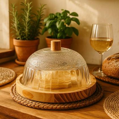 Imagem de Queijeira Rústica Artesanal Madeira e Vidro Boho Chic 18cm