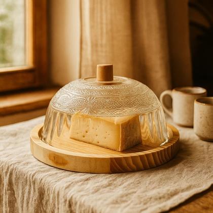 Imagem de Queijeira Rústica Artesanal Madeira e Vidro Boho Chic 18cm