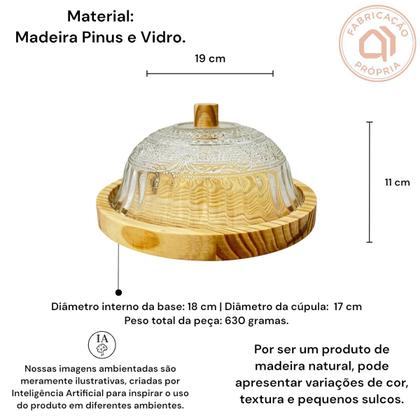 Imagem de Queijeira Rústica Artesanal Madeira e Vidro Boho Chic 18cm