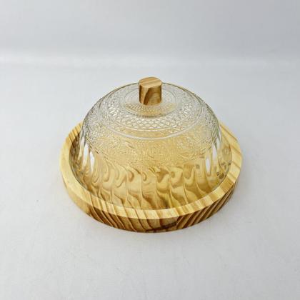 Imagem de Queijeira Rústica Artesanal Madeira e Vidro Boho Chic 18cm