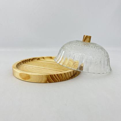 Imagem de Queijeira Rústica Artesanal Madeira e Vidro Boho Chic 18cm