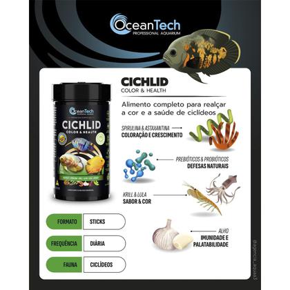 Imagem de Ração peixes OceanTech Cichlid Color Health 75g ciclídeos africanos americanos imunidade saúde
