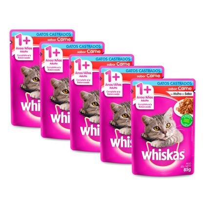 Imagem de Ração Úmida para Gatos Whiskas Adultos 1+ Anos Castrados Sabor Carne Sachê 85g  Kit com cinco unidades