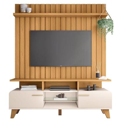 Imagem de Rack Bancada Essenza e Painel Link 1.6 com Mesa de Centro Sky com Tampo de Vidro Off White Cinamomo  HB Móveis