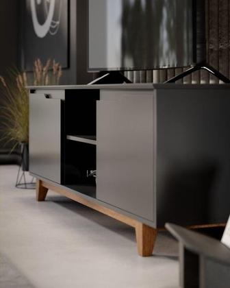 Imagem de Rack / Bancada FL Para TV Até 55'' Estilo Retrô Com Estrutura dos Pés em Madeira Tampo e Portas em MDF em Madeira Usinados 2 Portas e Nichos Para Obje