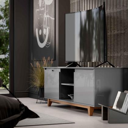 Imagem de Rack Bancada Flow para Tv 146 cm 2 Portas com Pés de Madeira Cinza - Rede Móveis