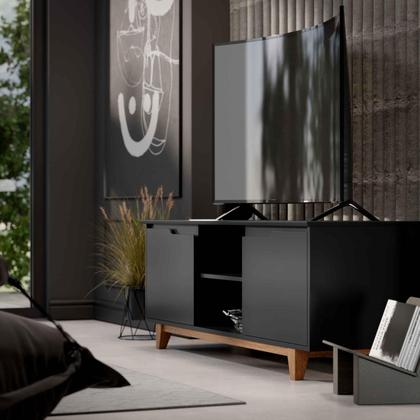 Imagem de Rack Bancada Flow para Tv 146 cm 2 Portas com Pés de Madeira Preto - Rede Móveis