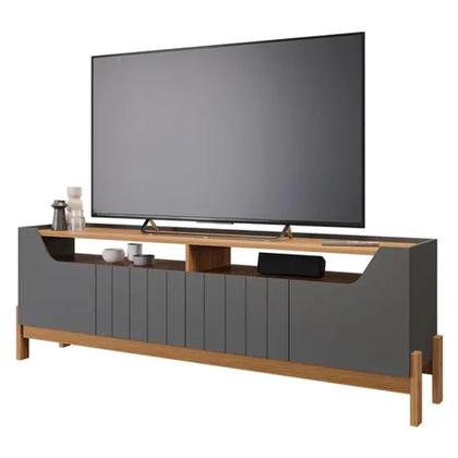 Imagem de Rack Bancada MDF Para TV até 70 pol Moema Ripado c/ 4 Portas 185cm Off White/Cinamomo - Permóbili