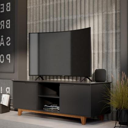 Imagem de Rack Bancada para Sala de Estar com 2 Portas e Pés em Madeira Maciça com Capacidade para TV's de até 55 Polegadas Flow Ej Móveis - Preto