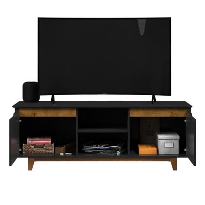 Imagem de Rack Bancada para Sala de Estar com 2 Portas e Pés em Madeira Maciça com Capacidade para TV's de até 55 Polegadas Flow Ej Móveis - Preto