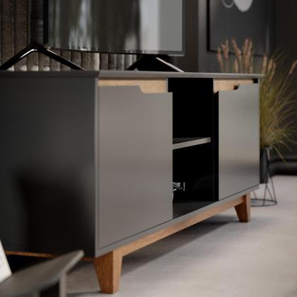 Imagem de Rack Bancada para Sala de Estar com 2 Portas e Pés em Madeira Maciça com Capacidade para TV's de até 55 Polegadas Flow Ej Móveis - Preto