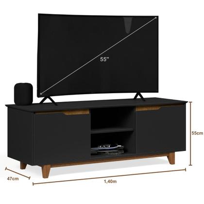 Imagem de Rack Bancada para Sala de Estar com 2 Portas e Pés em Madeira Maciça com Capacidade para TV's de até 55 Polegadas Flow Ej Móveis - Preto