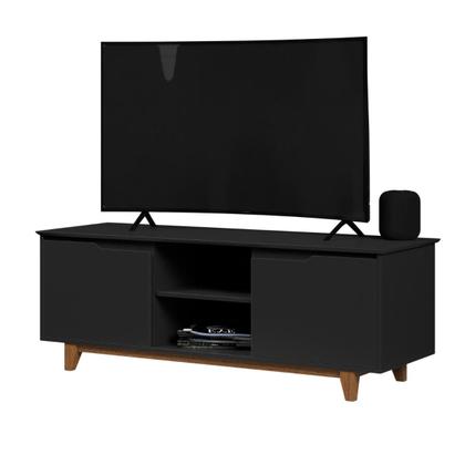 Imagem de Rack Bancada para Sala de Estar com 2 Portas e Pés em Madeira Maciça com Capacidade para TV's de até 55 Polegadas Flow Ej Móveis - Preto