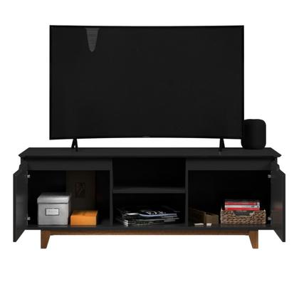 Imagem de Rack Bancada para Sala de Estar com 2 Portas e Pés em Madeira Maciça com Capacidade para TV's de até 55 Polegadas Flow Ej Móveis - Preto