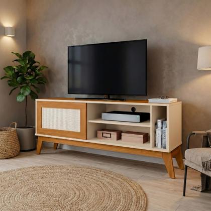 Imagem de Rack Bancada Para TV Até 55 Polegadas 1,36m 1 Porta Com Tela Rattan Off White/Cedro Caribe EDN